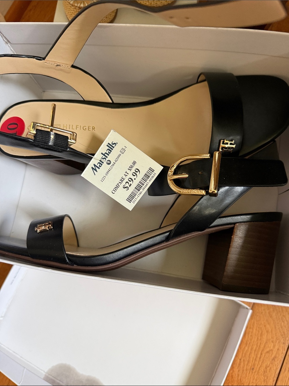 Tommy Hilfiger Black Leather Block Heel Sandals with Gold Buckle